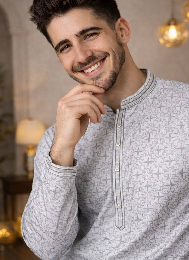 Grey color zari weaving jacquard kurta payjama set