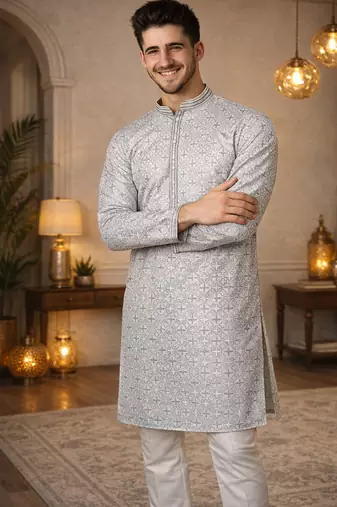 grey jacquard kurta pajama with zari work