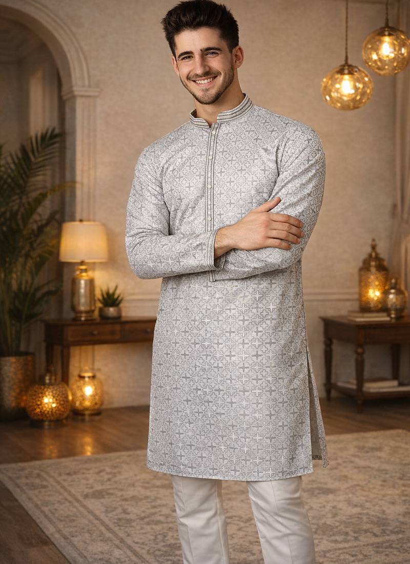 Grey color zari weaving jacquard kurta payjama set