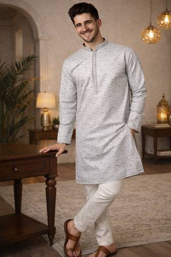 Grey color zari weaving jacquard kurta payjama set
