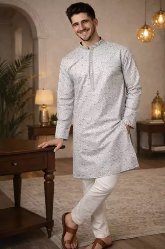 Grey color zari weaving jacquard kurta payjama set