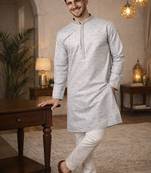 Grey color zari weaving jacquard kurta payjama set
