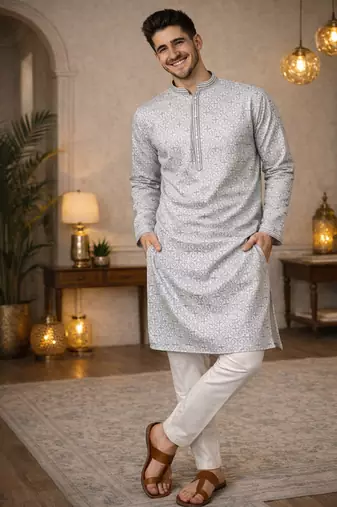grey jacquard kurta pajama with zari work