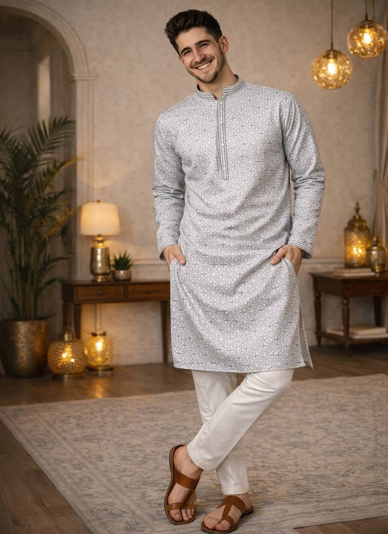 Grey color zari weaving jacquard kurta payjama set