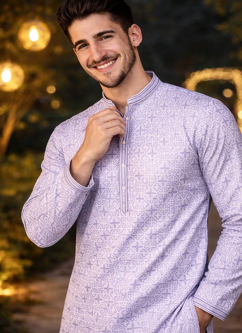 Lavender color zari weaving jacquard kurta payjama set