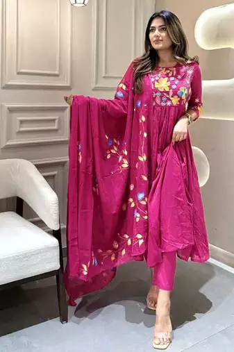 dark rani pink rayon kurti set with embroidered work