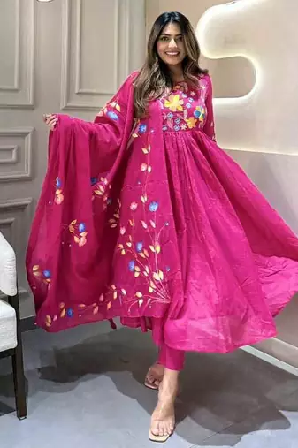 dark rani pink rayon kurti set with embroidered work