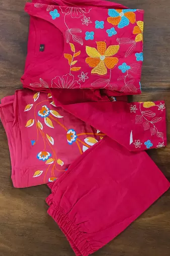 dark rani pink rayon kurti set with embroidered work