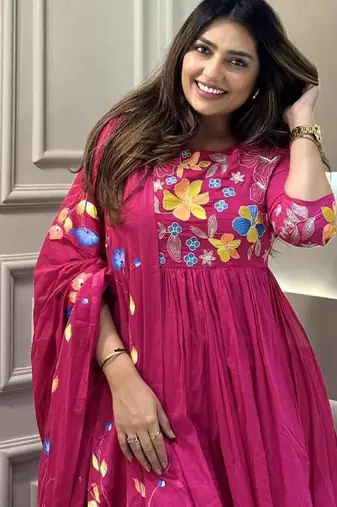 dark rani pink rayon kurti set with embroidered work