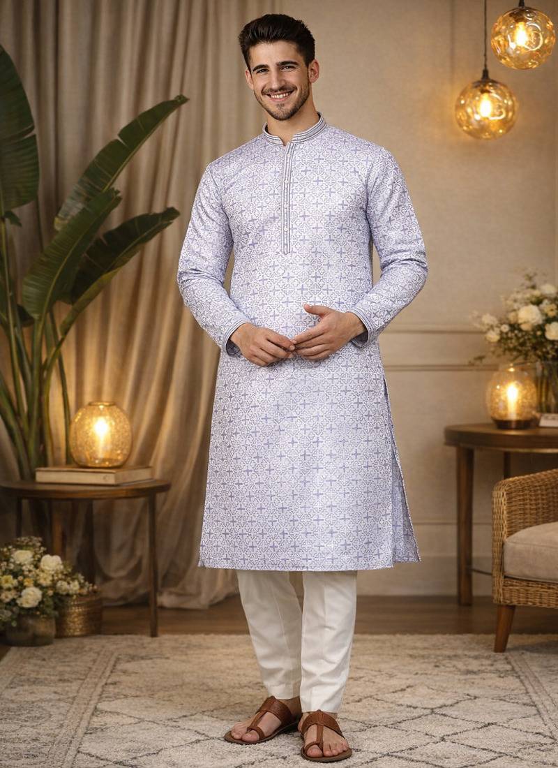 Lavender color zari weaving jacquard kurta payjama set