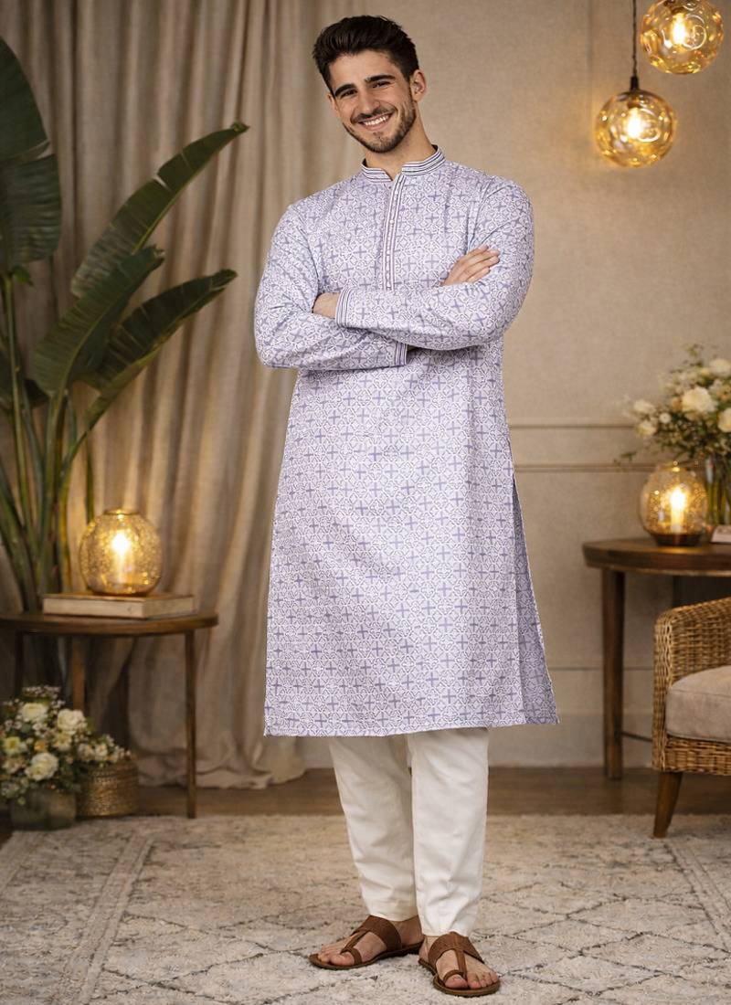 Lavender color zari weaving jacquard kurta payjama set