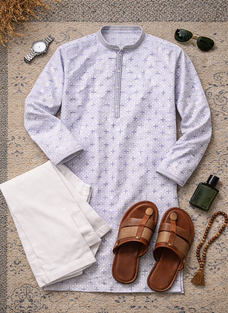 Lavender color zari weaving jacquard kurta payjama set