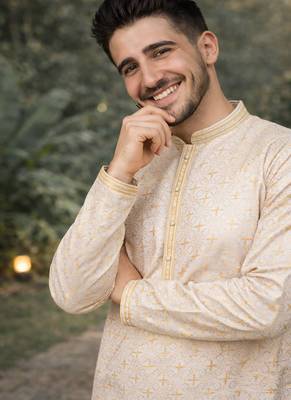 yellow jacquard kurta pajama with zari work 2