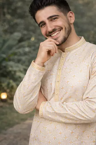 yellow jacquard kurta pajama with zari work