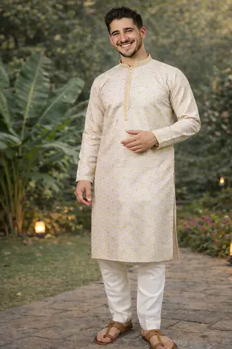 yellow jacquard kurta pajama with zari work