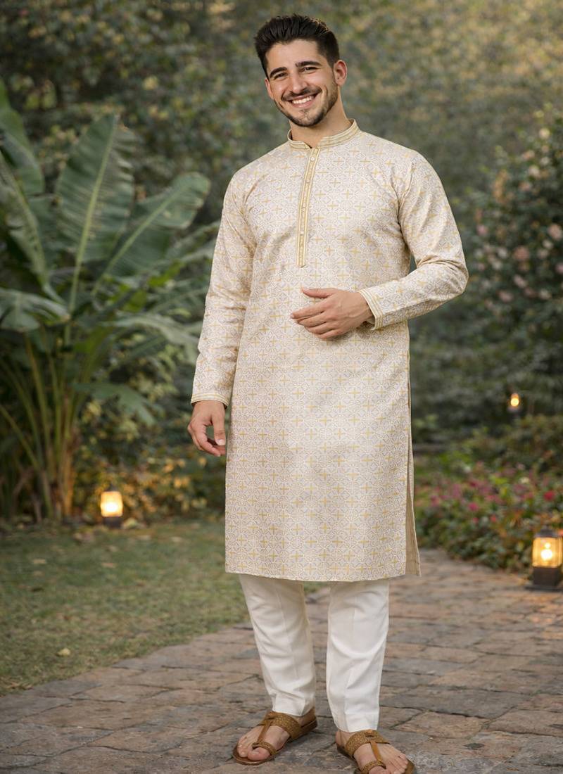 Yellow color zari weaving jacquard kurta payjama set