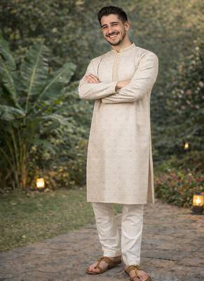 yellow jacquard kurta pajama with zari work 1