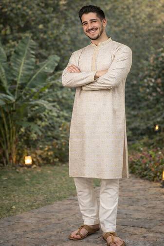 Yellow color zari weaving jacquard kurta payjama set