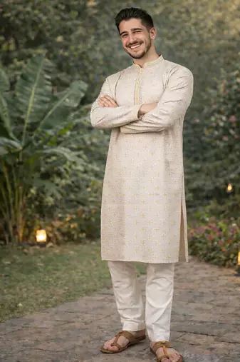 Yellow color zari weaving jacquard kurta payjama set