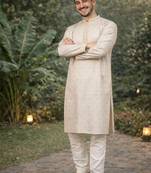 Yellow color zari weaving jacquard kurta payjama set