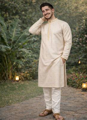 yellow jacquard kurta pajama with zari work 4