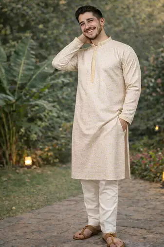 yellow jacquard kurta pajama with zari work
