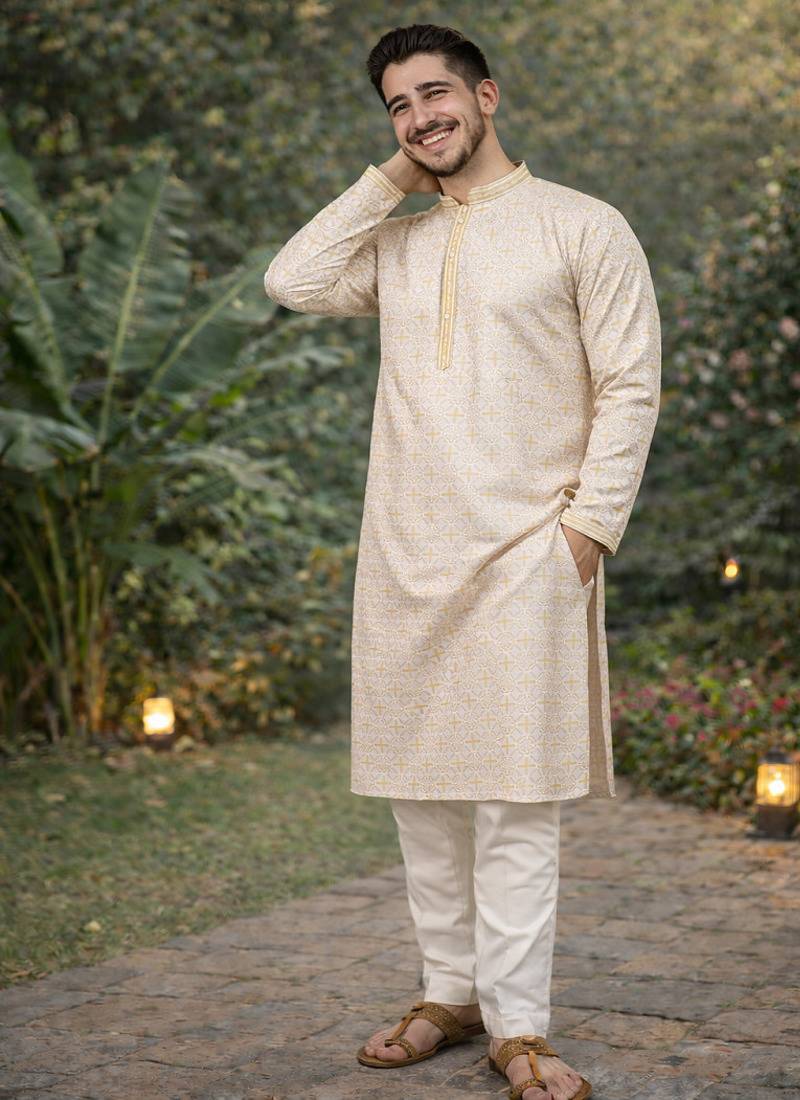 Yellow color zari weaving jacquard kurta payjama set