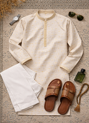 yellow jacquard kurta pajama with zari work 5