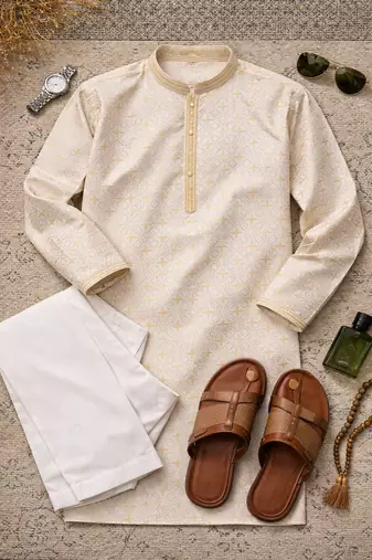 yellow jacquard kurta pajama with zari work