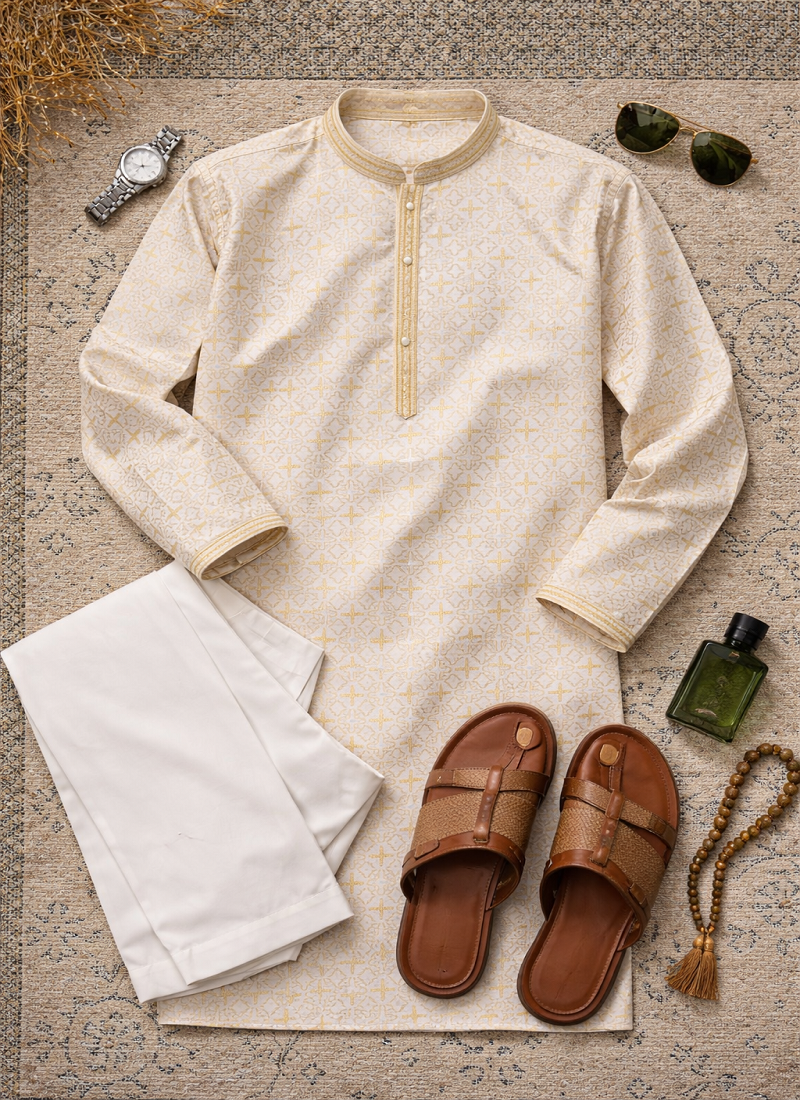 Yellow color zari weaving jacquard kurta payjama set