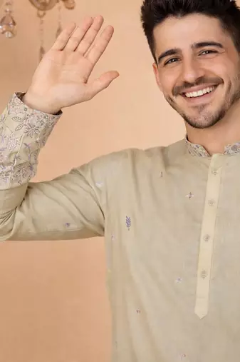 beige linen kurta pajama with sequins work