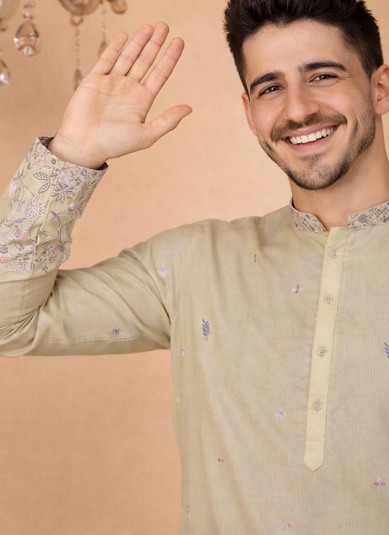 Beige color embroidery sequence work linen cotton kurta payjama set