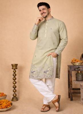 beige linen kurta pajama with sequins work 1
