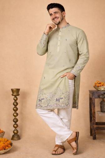 Beige color embroidery sequence work linen cotton kurta payjama set