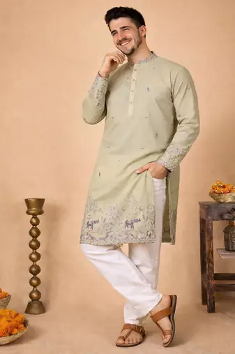 Beige color embroidery sequence work linen cotton kurta payjama set