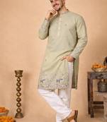 Beige color embroidery sequence work linen cotton kurta payjama set