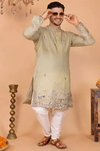 beige linen kurta pajama with sequins work