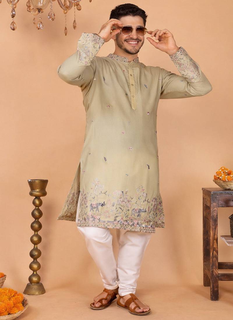 Beige color embroidery sequence work linen cotton kurta payjama set