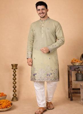 beige linen kurta pajama with sequins work 4
