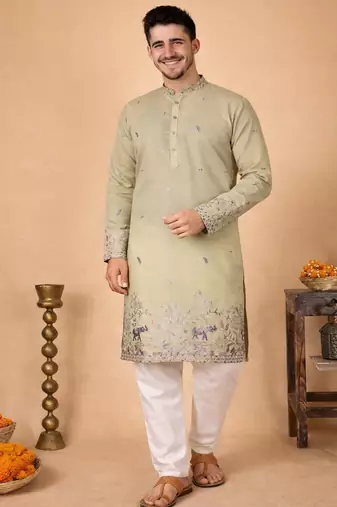 beige linen kurta pajama with sequins work
