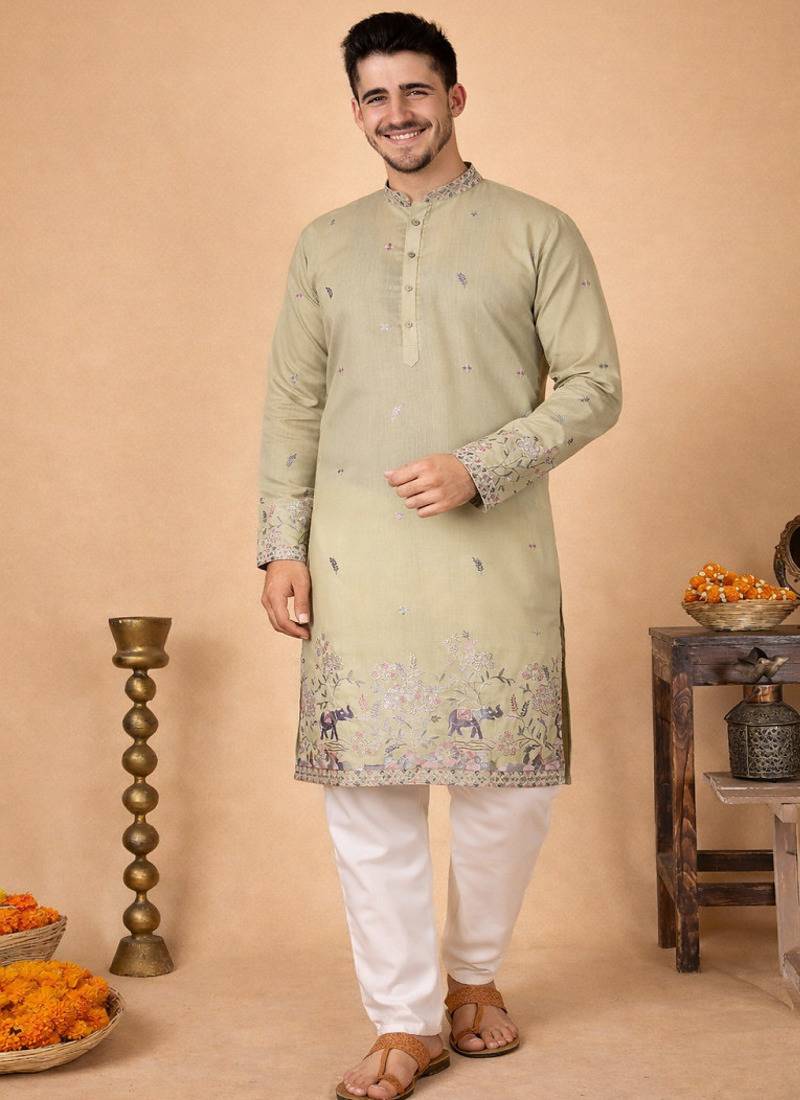 Beige color embroidery sequence work linen cotton kurta payjama set