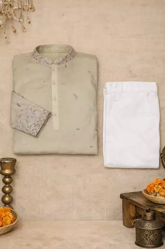 beige linen kurta pajama with sequins work