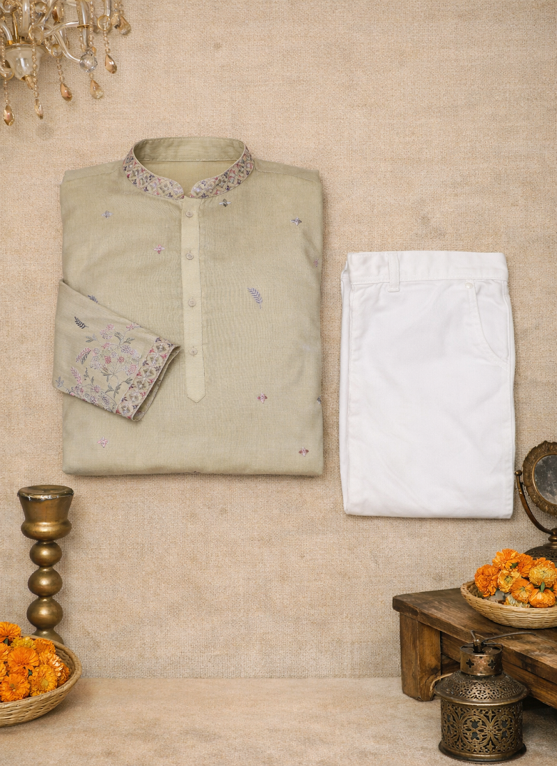 Beige color embroidery sequence work linen cotton kurta payjama set