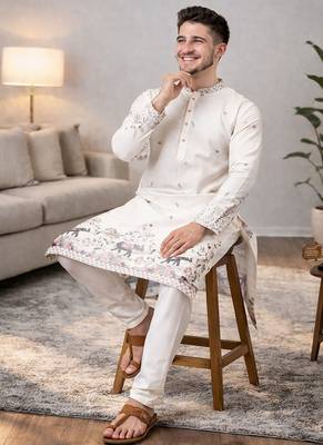 off white linen kurta pajama with sequins work 1