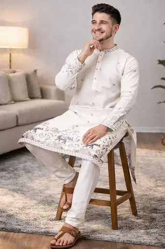 Off white color embroidery sequence work linen cotton kurta payjama set