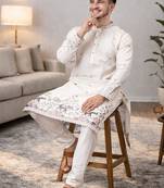 Off white color embroidery sequence work linen cotton kurta payjama set
