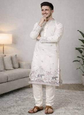off white linen kurta pajama with sequins work 2