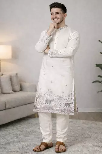 off white linen kurta pajama with sequins work