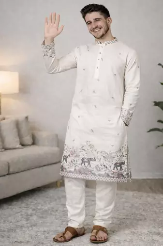 off white linen kurta pajama with sequins work