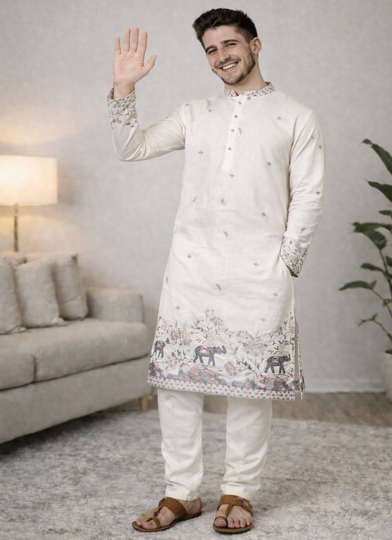 Off white color embroidery sequence work linen cotton kurta payjama set